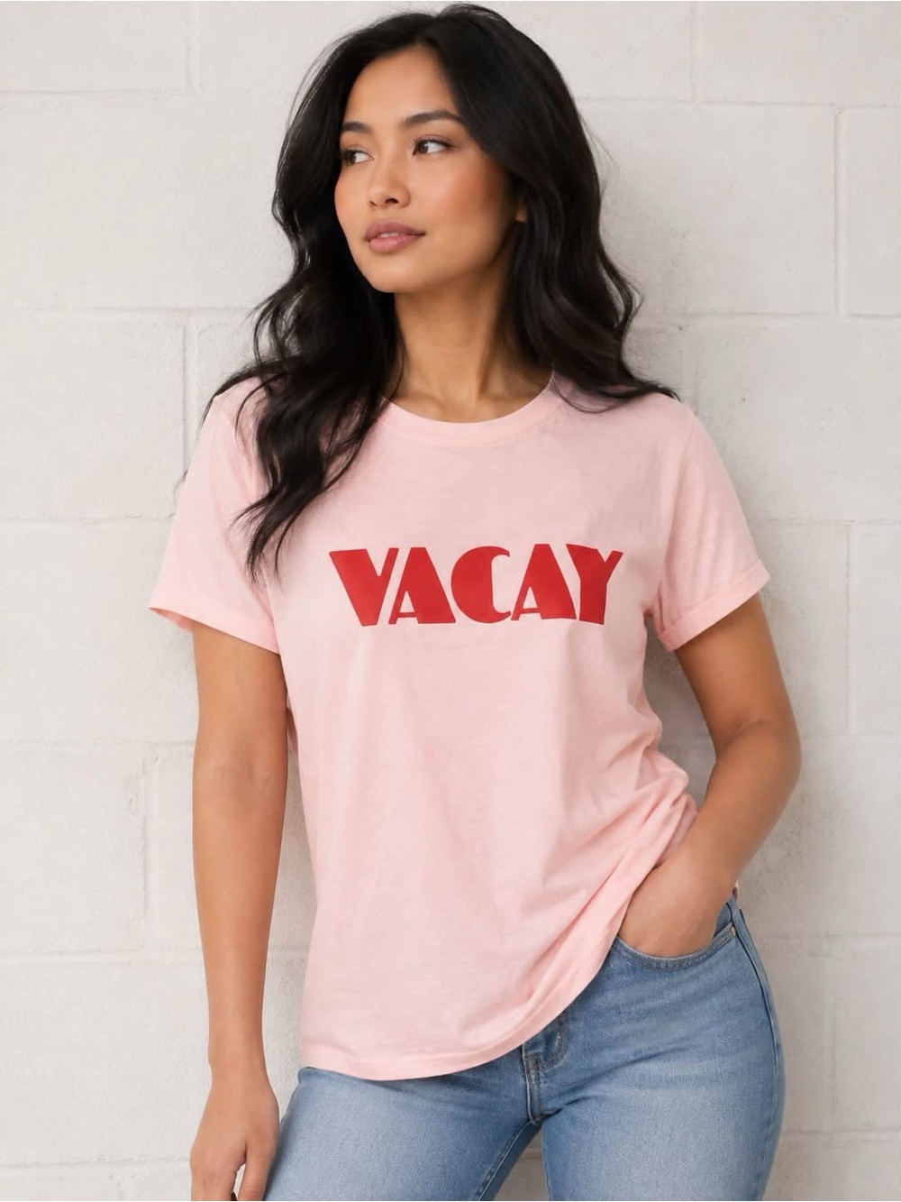 Universal Thread Pink Tee with Red "VACAY" Graphic Large